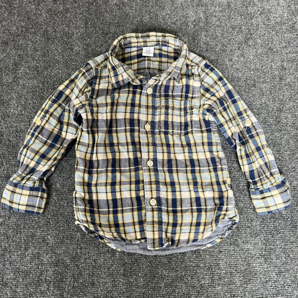 Baby Gap Toddler Boys Plaid Button Down Shirt Navy Yellow Cotton Size 3T